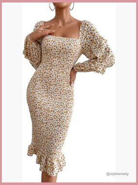 Long Puff Sleeve Floral Midi Bodycon Dress Square Neck Ruffle Mermaid